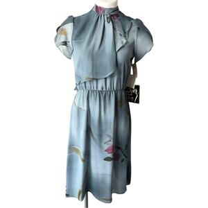 Vintage 70s blue floral watercolor asymmetrical ruffle collar dress size 7 NOS